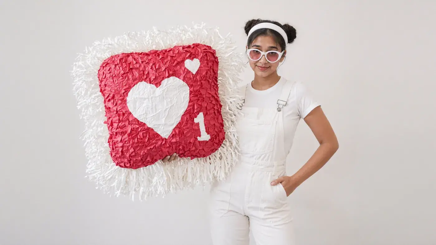 A young woman in white dungarees stands beside a giant red heart like-counter pillow. Sample image created by Quiamo, a brand, marketing and media agency from India.