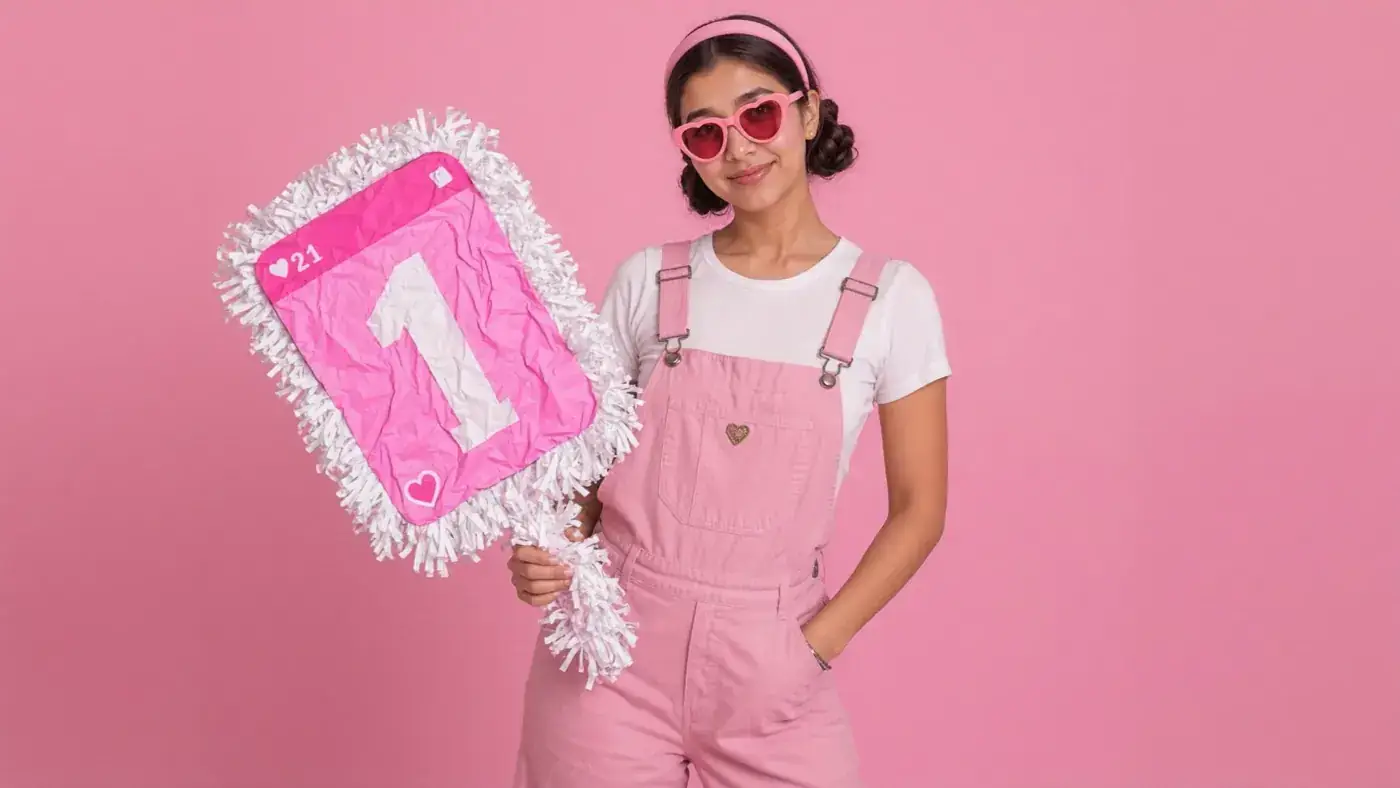A young woman in pink dungarees holds a fringed pink number one sign against a pink wall. Sample image created by Quiamo, a brand, marketing and media agency from India.