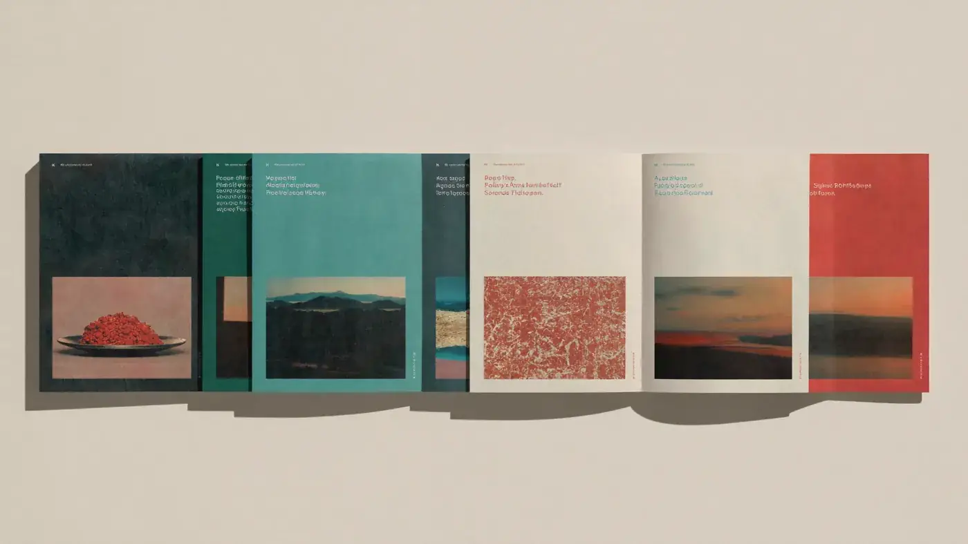 A series of book covers with painted landscapes and coral accents displayed in a row. Sample image created by Quiamo, a brand, marketing and media agency from India.