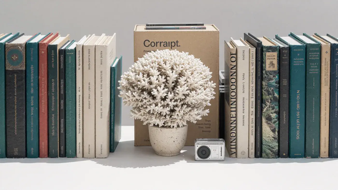 A still life of books, a white coral and a small camera on a shelf. Sample image created by Quiamo, a brand, marketing and media agency from India.