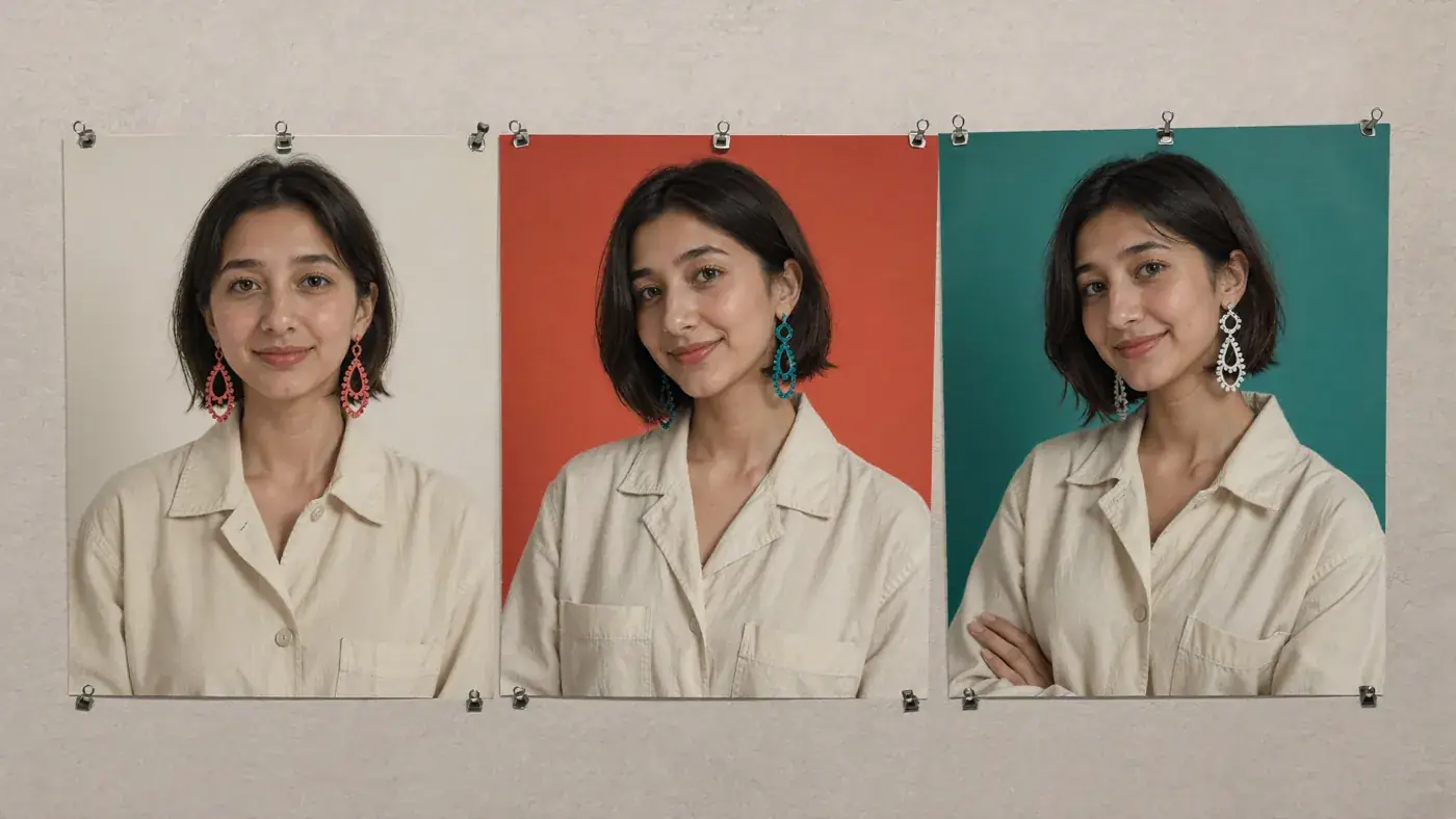 Three portraits of the same model on ivory, coral and teal backdrops pinned to a wall, a test of character consistency. Sample image created by Quiamo, a brand, marketing and media agency from India.