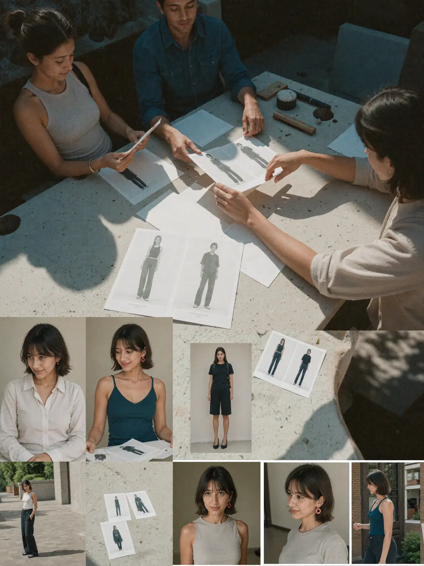 A casting and fittings sheet: a team reviews sketches while a grid of portraits shows the same model in several looks. Sample image created by Quiamo, a brand, marketing and media agency from India.