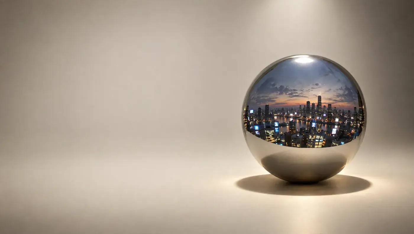 A polished chrome sphere under a spotlight reflects a city skyline at dusk, a still life about reach and visibility. Sample image created by Quiamo, a brand, marketing and media agency from India.