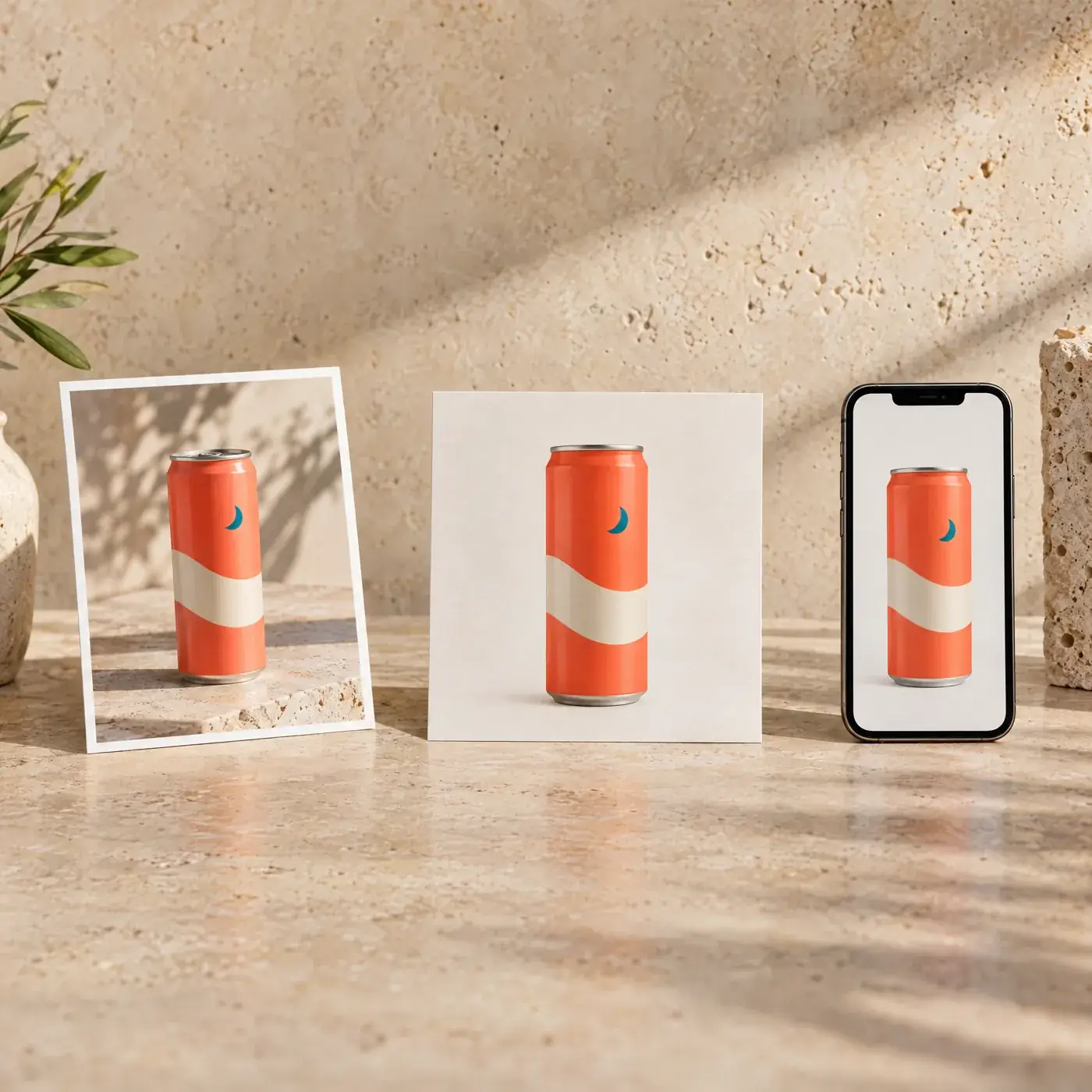 A coral drinks can shown three ways: as a print, on a card and on a phone screen, on travertine. Sample image created by Quiamo, a brand, marketing and media agency from India.