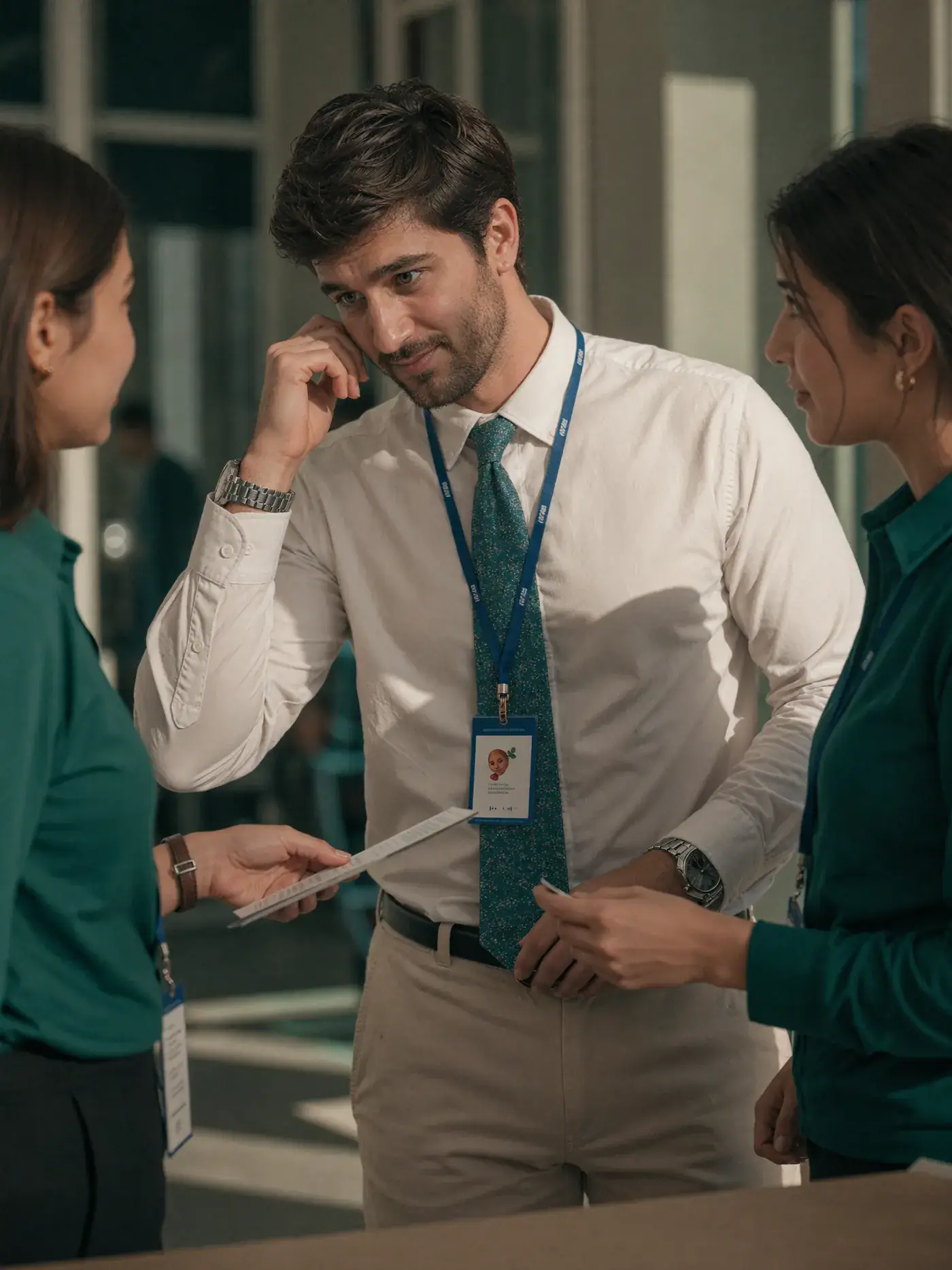 A man in a shirt and tie with a lanyard talks with two colleagues in a sunlit office. Sample image created by Quiamo, a brand, marketing and media agency from India.