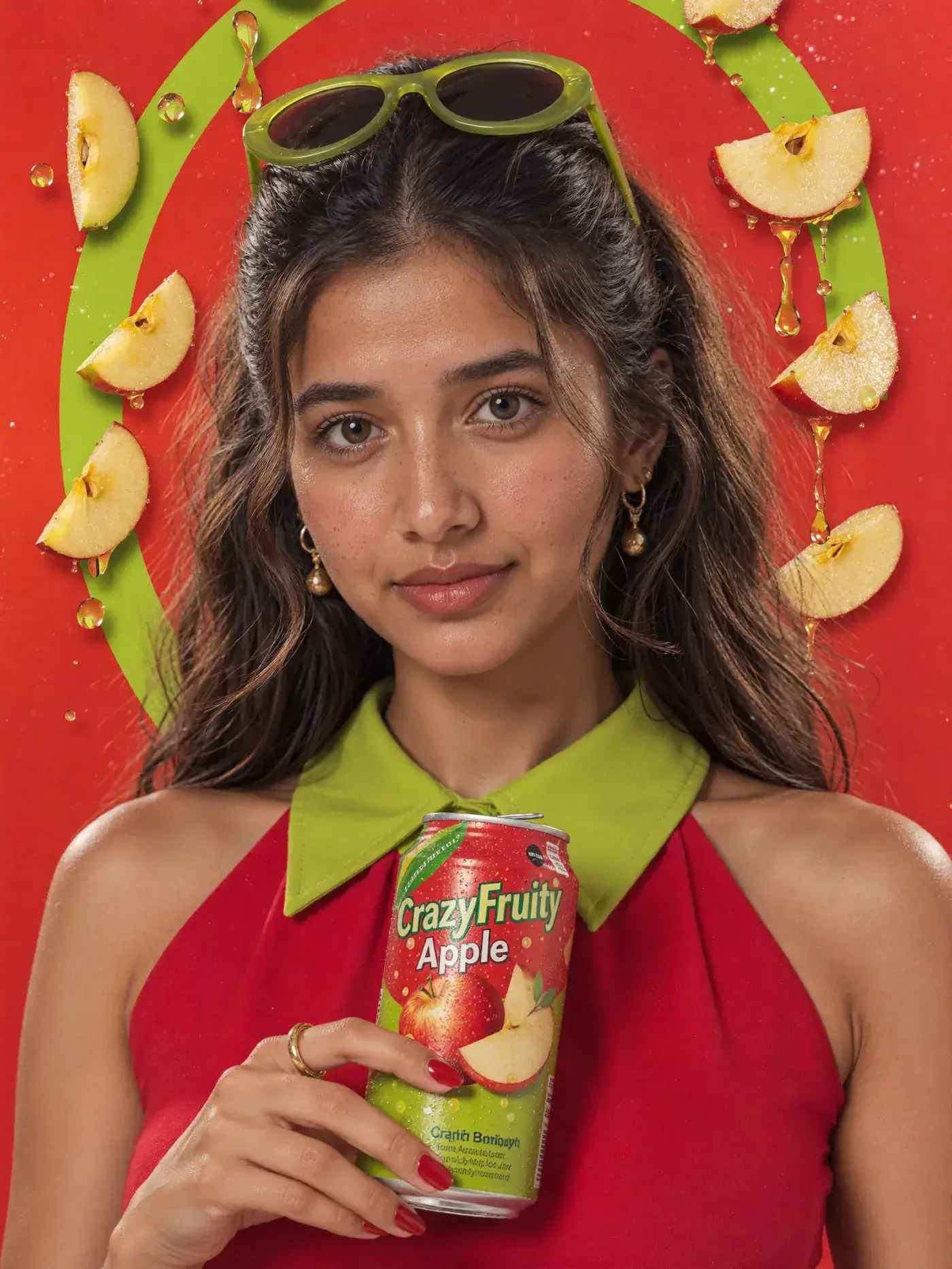 Quiamo | Kunal Waghmare A young woman in a red halter top holds a CrazyFruity apple can, framed by a green ring and floating apple slices. Sample image created by Quiamo, a brand, marketing and media agency from India.
