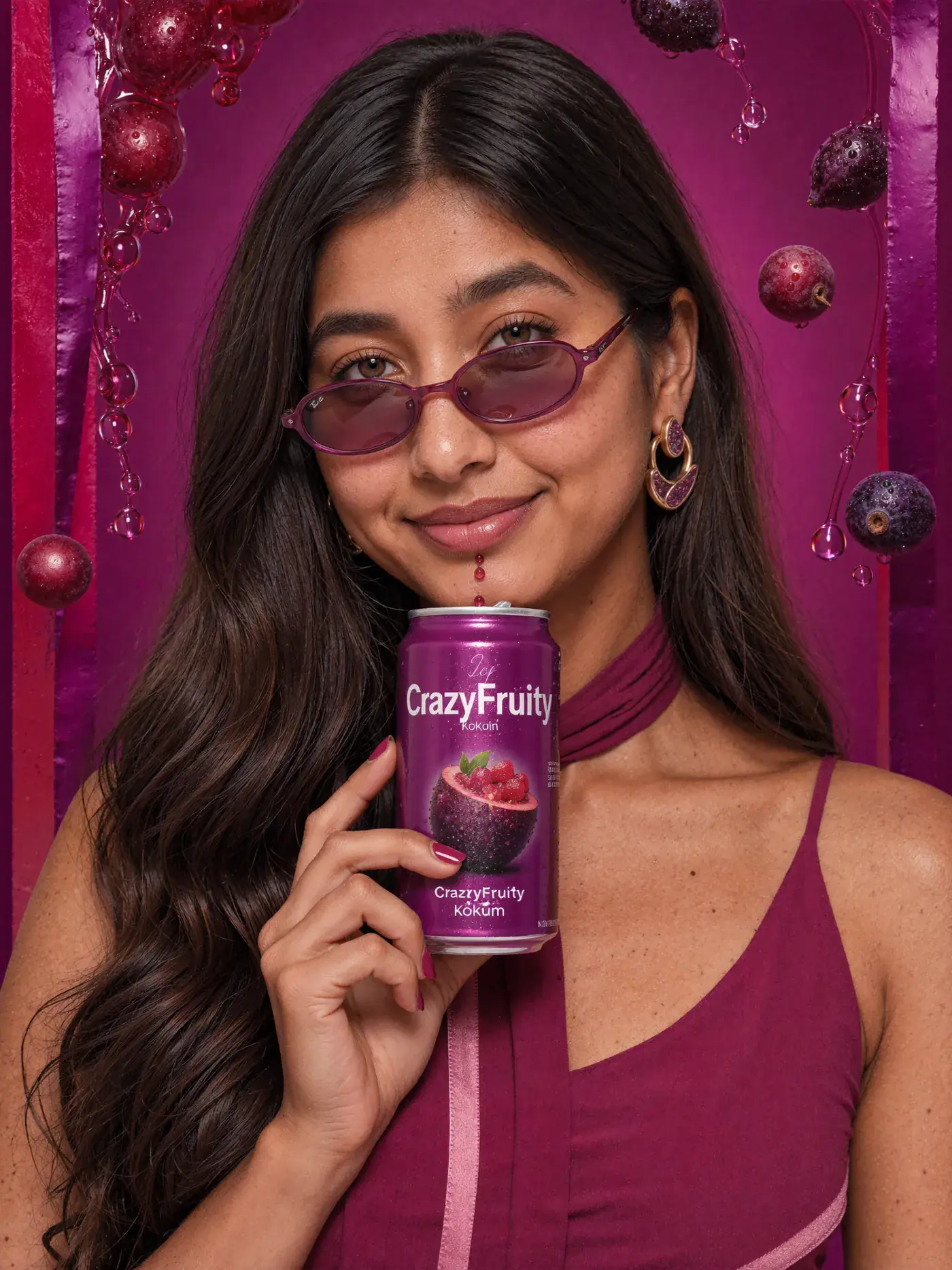 Quiamo | Kunal Waghmare A smiling young woman in magenta sunglasses holds a purple CrazyFruity kokum juice can against a berry-red backdrop, a CrazyFruity beverage concept. Sample image created by Quiamo, a brand, marketing and media agency from India.