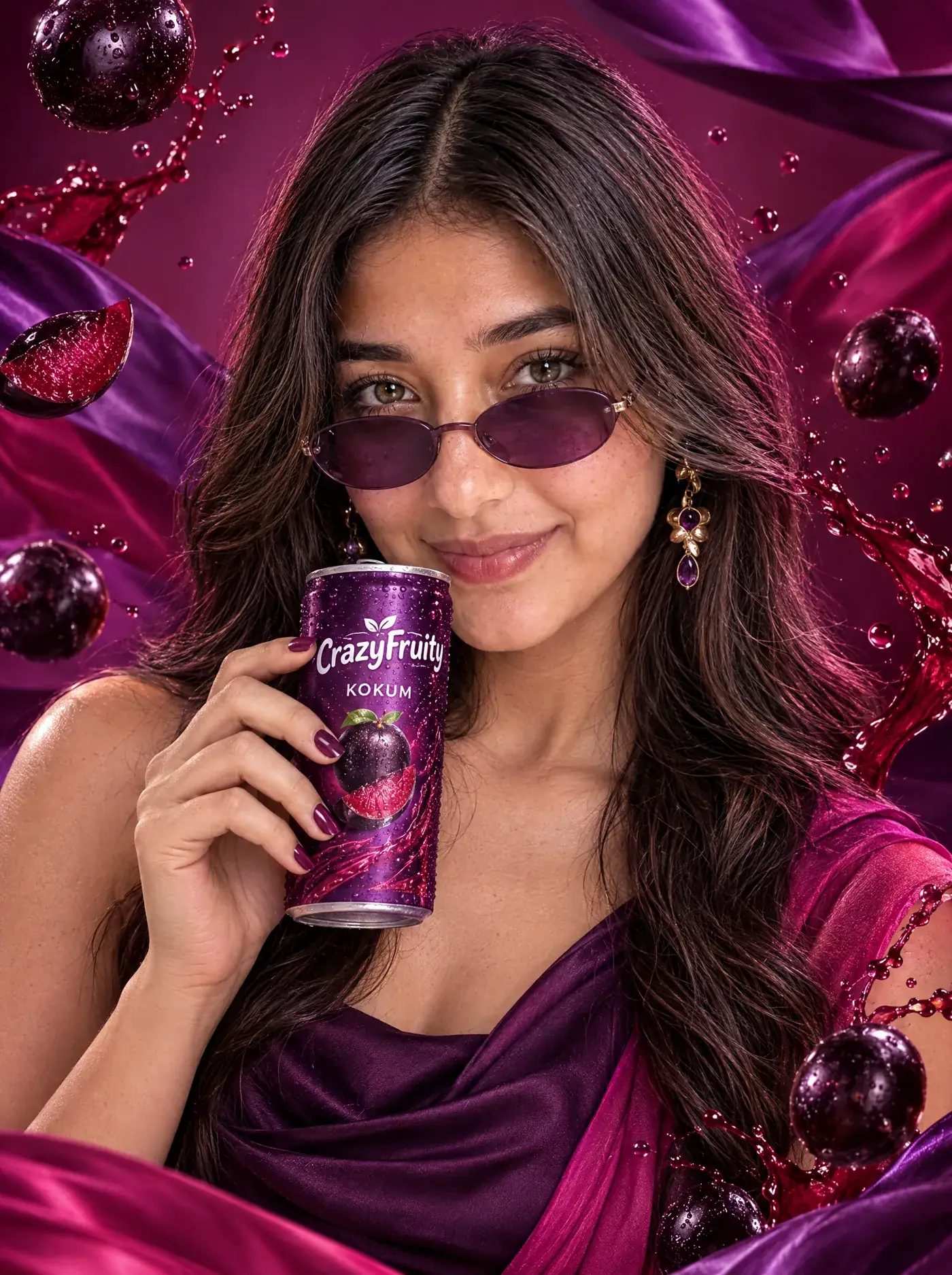 Quiamo | Kunal Waghmare A young woman in violet sunglasses holds a CrazyFruity kokum can among purple silk and kokum fruit. Sample image created by Quiamo, a brand, marketing and media agency from India.