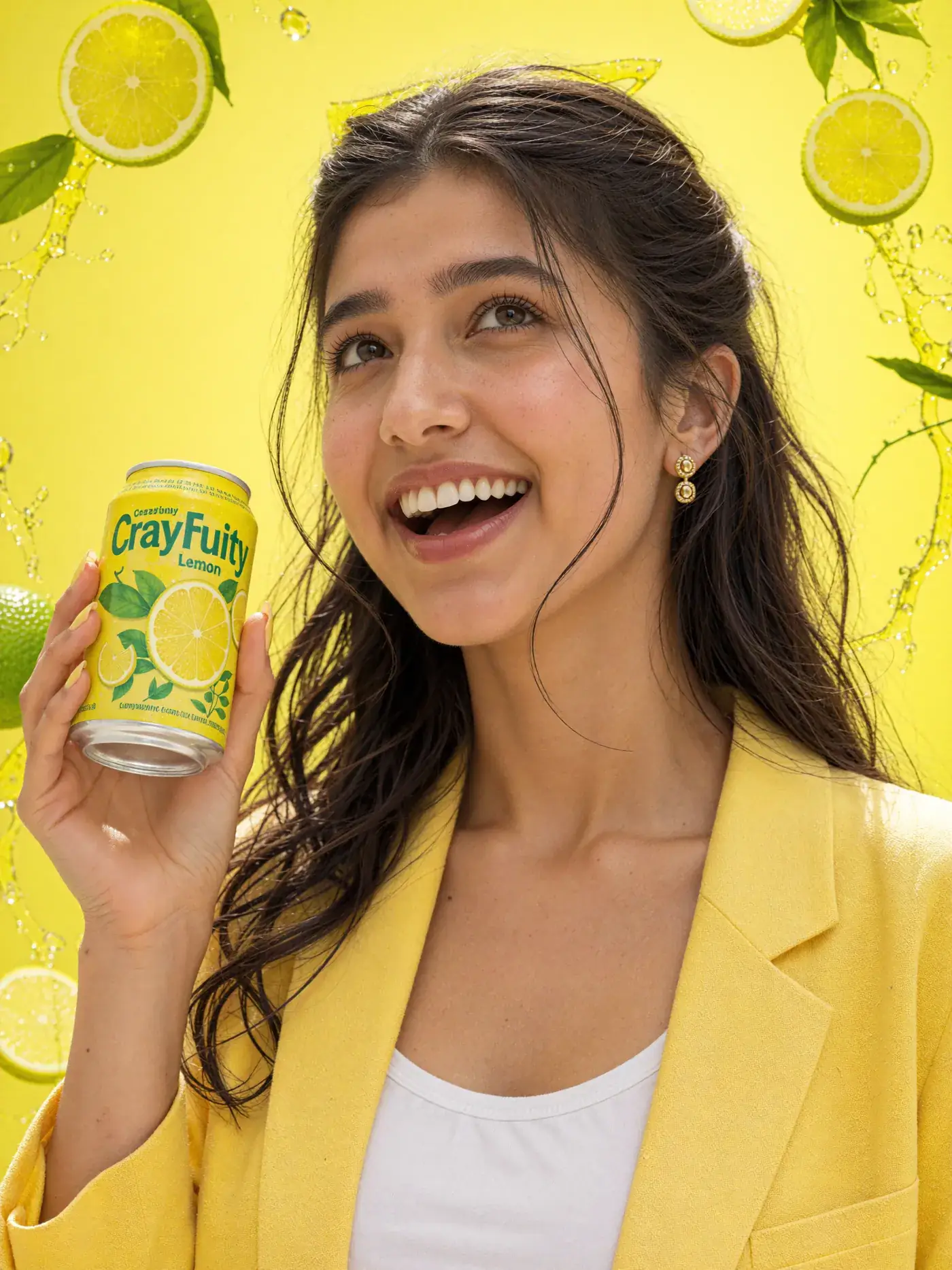 Quiamo | Kunal Waghmare A laughing young woman in a yellow blazer holds a CrazyFruity lemon can against a bright lemon-yellow backdrop. Sample image created by Quiamo, a brand, marketing and media agency from India.