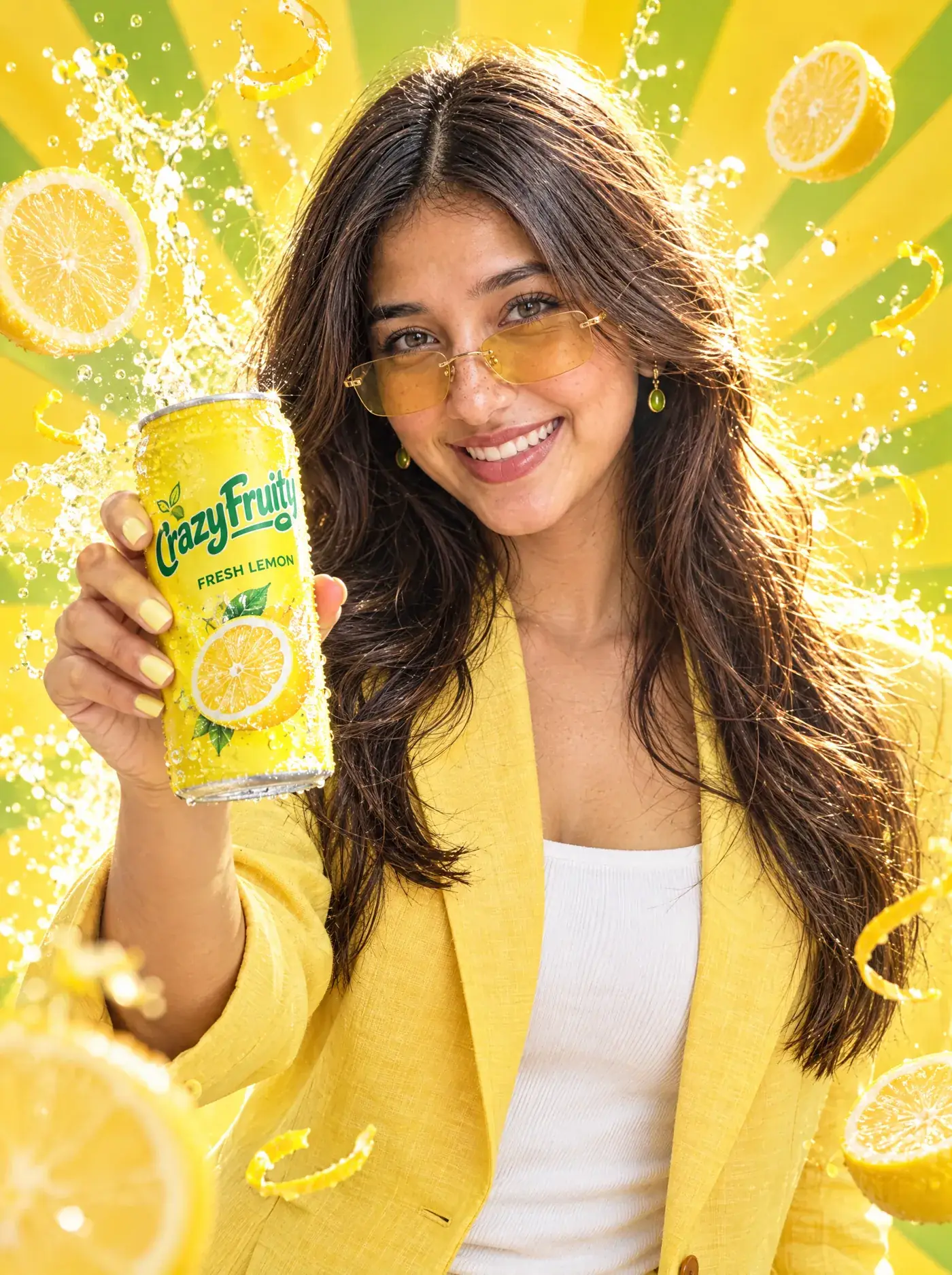 Quiamo | Kunal Waghmare A young woman in a yellow blazer holds out a CrazyFruity lemon can against a burst of lemon slices and splashes. Sample image created by Quiamo, a brand, marketing and media agency from India.