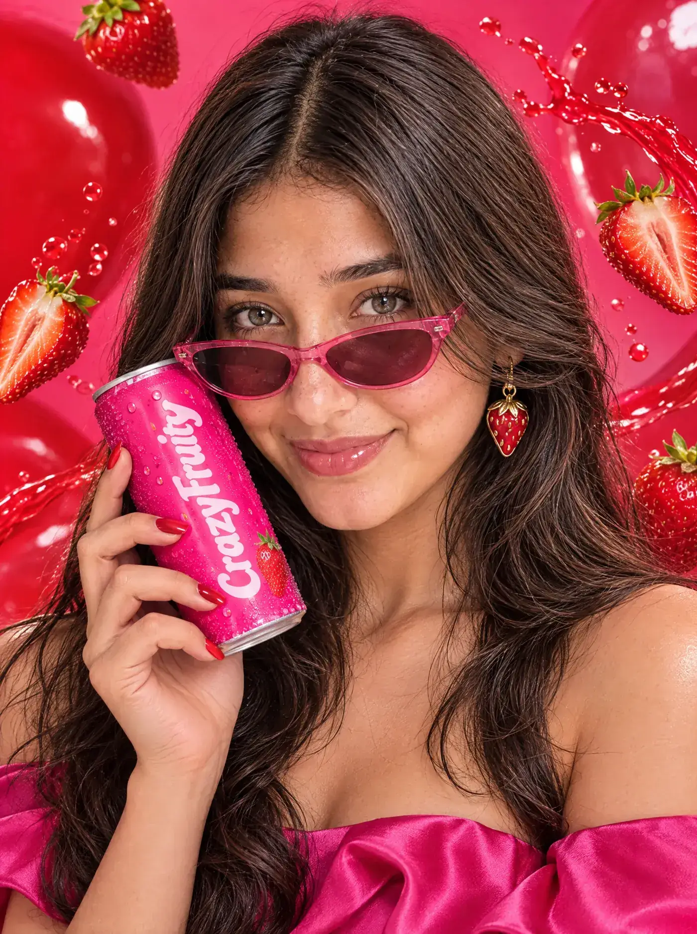 Quiamo | Kunal Waghmare A young woman in pink sunglasses holds a pink CrazyFruity strawberry can to her cheek among splashing strawberries. Sample image created by Quiamo, a brand, marketing and media agency from India.