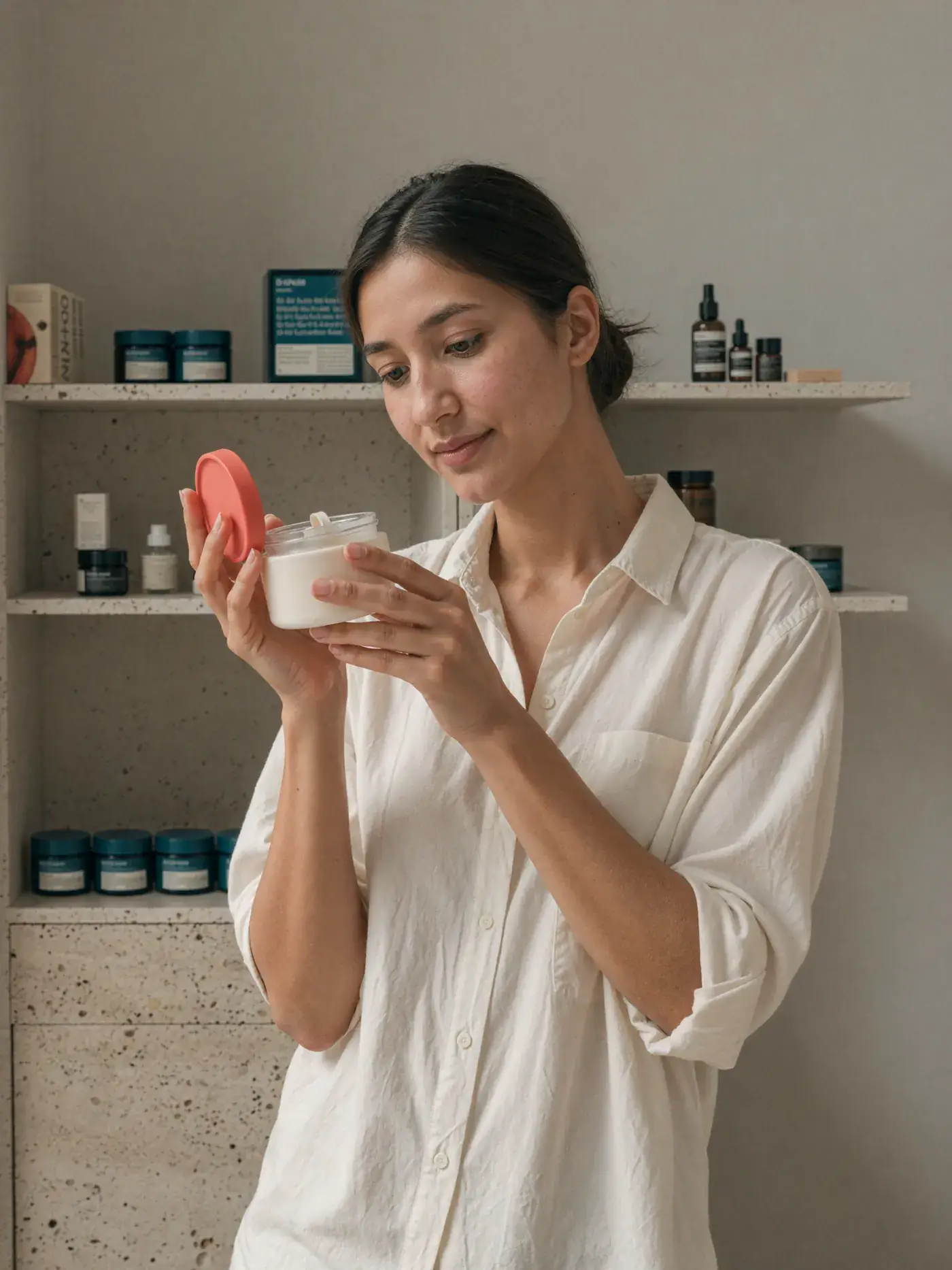 A woman in a white shirt opens a pink cream jar in a calm beauty shop. Sample image created by Quiamo, a brand, marketing and media agency from India.