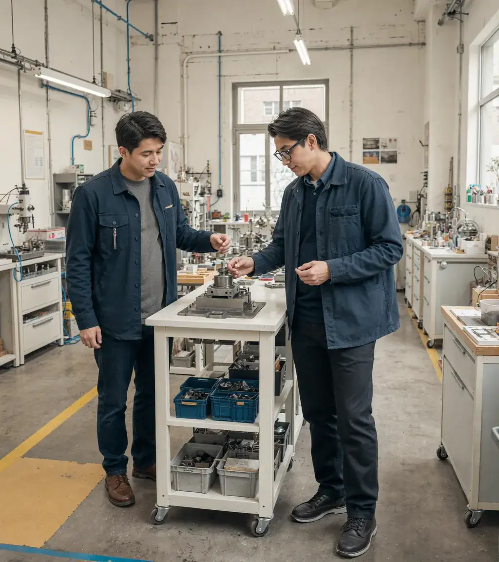 Two engineers discuss a machine on a clean factory floor. Sample image created by Quiamo, a brand, marketing and media agency from India.