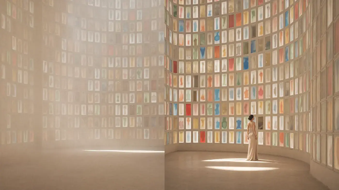 A woman stands in a curved gallery lined floor to ceiling with small fashion and product images. Sample image created by Quiamo, a brand, marketing and media agency from India.