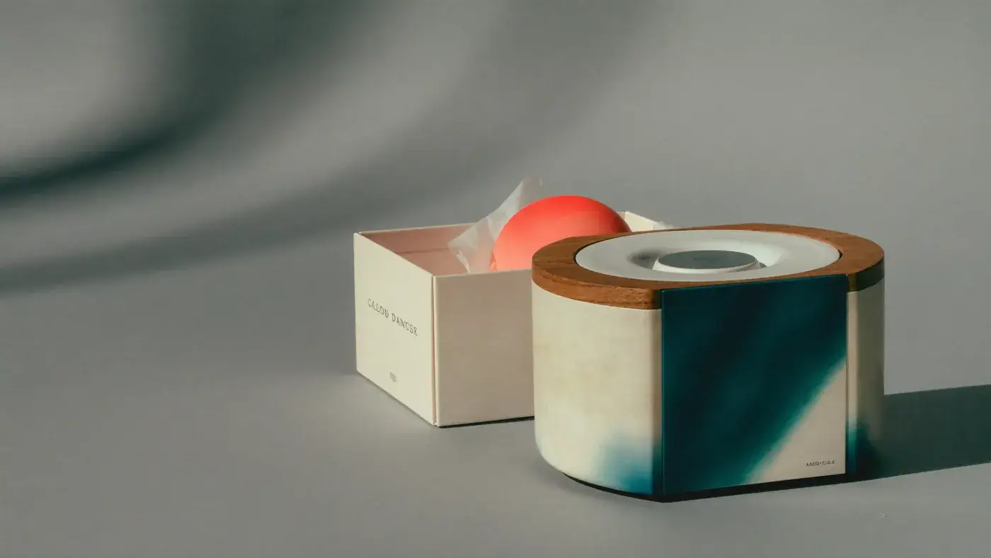 An open gift box holding a coral sphere beside a stone and teal cylinder on grey. Sample image created by Quiamo, a brand, marketing and media agency from India.