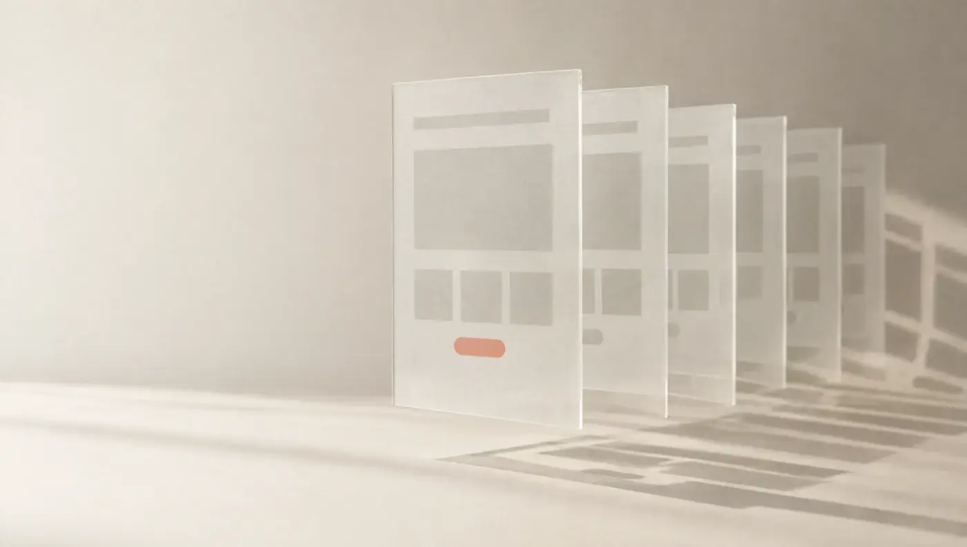 A row of frosted glass panels printed with website layouts, one with a coral button, standing in soft light. Sample image created by Quiamo, a brand, marketing and media agency from India.