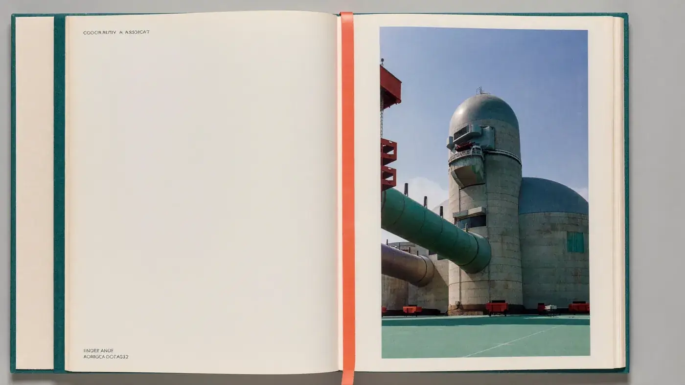 An open report showing an industrial plant photograph with a teal and coral binding. Sample image created by Quiamo, a brand, marketing and media agency from India.