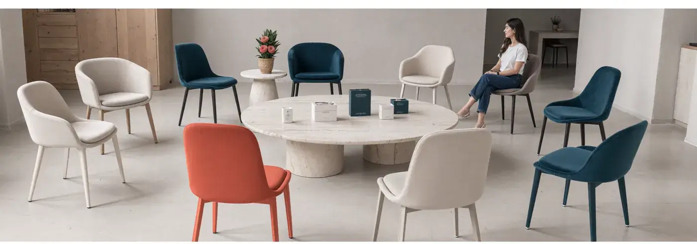 A bright meeting room with a round white table and coral, teal and white chairs. Sample image created by Quiamo, a brand, marketing and media agency from India.
