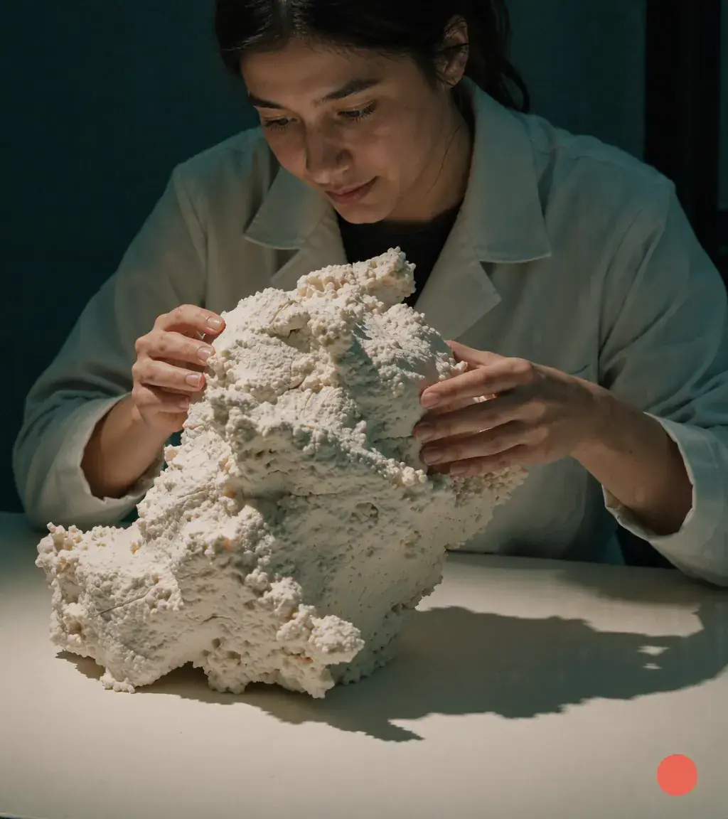 A woman shapes a white paper-clay form on a table under a single lamp. Sample image created by Quiamo, a brand, marketing and media agency from India.