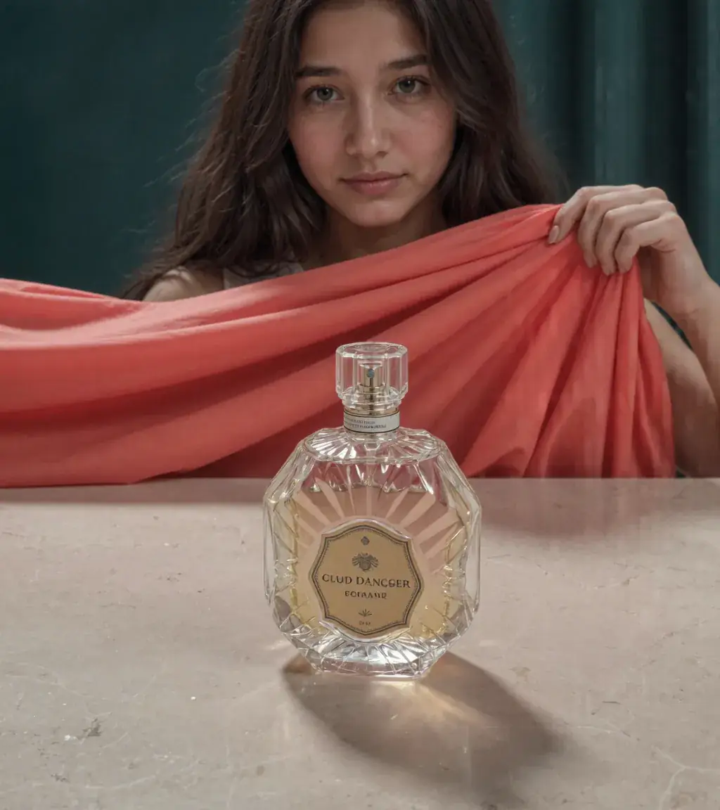A woman lifts coral silk from behind a faceted perfume bottle on a stone table. Sample image created by Quiamo, a brand, marketing and media agency from India.