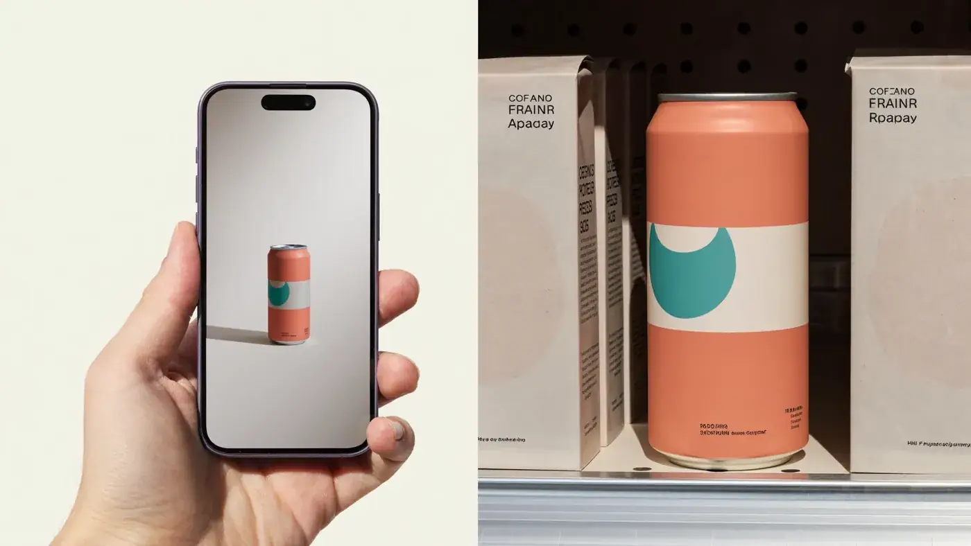 A hand holds a phone showing a coral drinks can beside the same can on a retail shelf. Sample image created by Quiamo, a brand, marketing and media agency from India.
