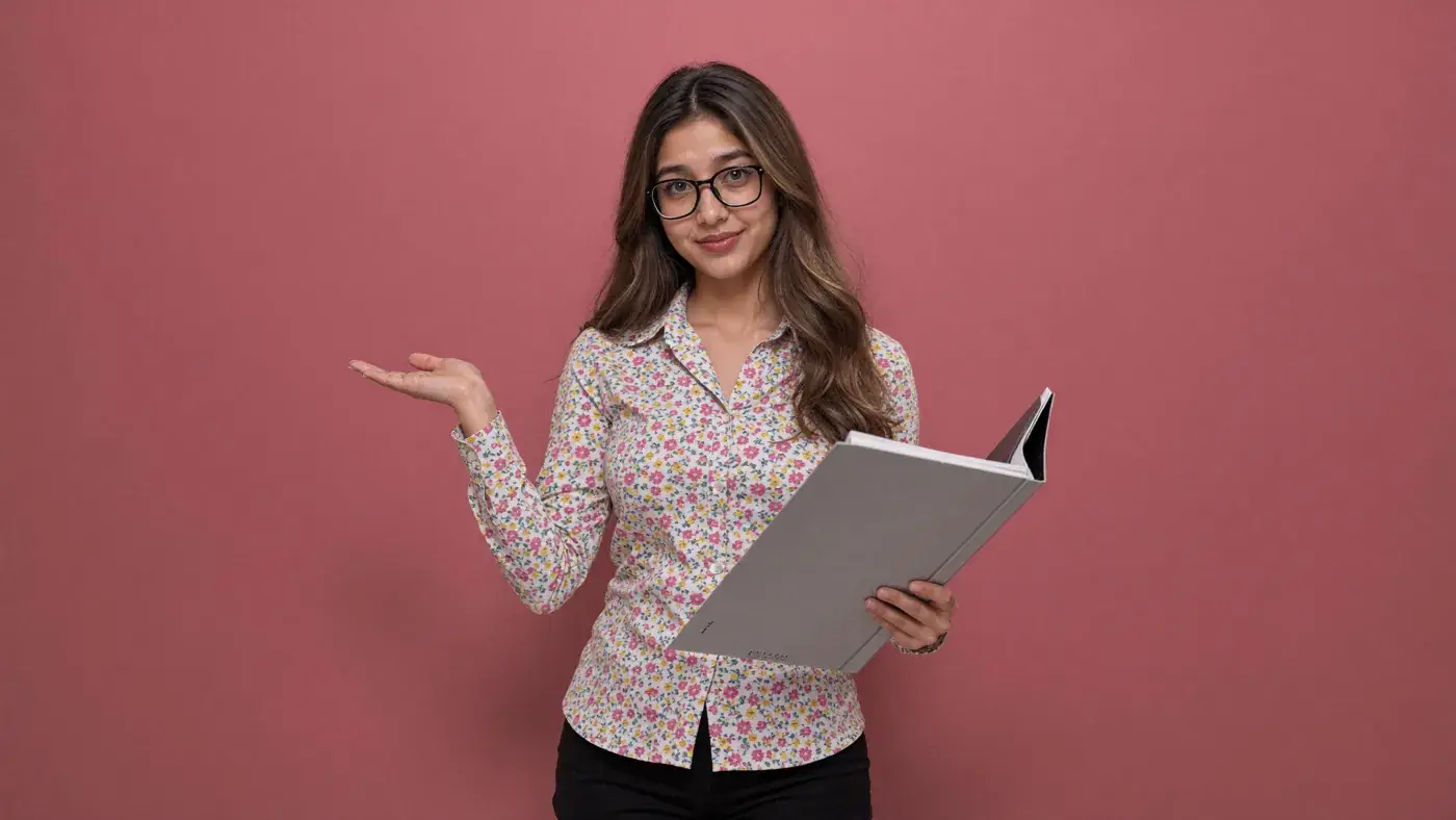 A presenter in a floral shirt and glasses holds an open book and gestures to the side against dusty pink. Sample image created by Quiamo, a brand, marketing and media agency from India.