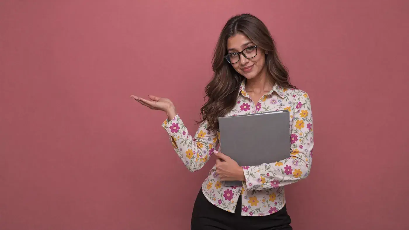 A presenter in a floral shirt holds a grey portfolio and gestures to an empty space on the left. Sample image created by Quiamo, a brand, marketing and media agency from India.