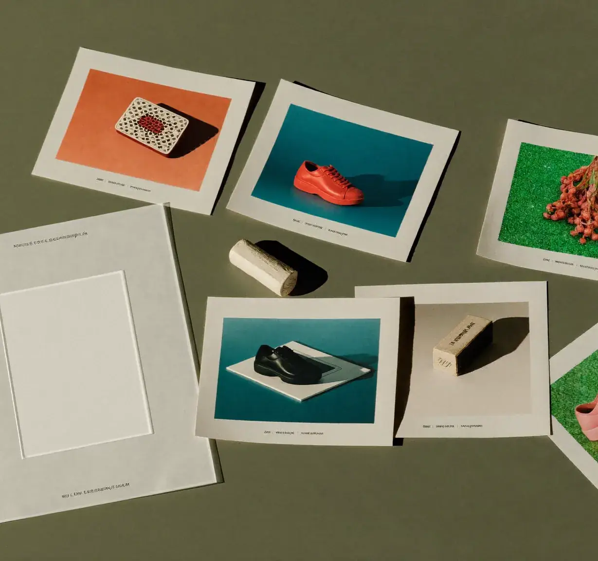 Printed product photo cards of trainers and objects scattered on an olive-green board. Sample image created by Quiamo, a brand, marketing and media agency from India.