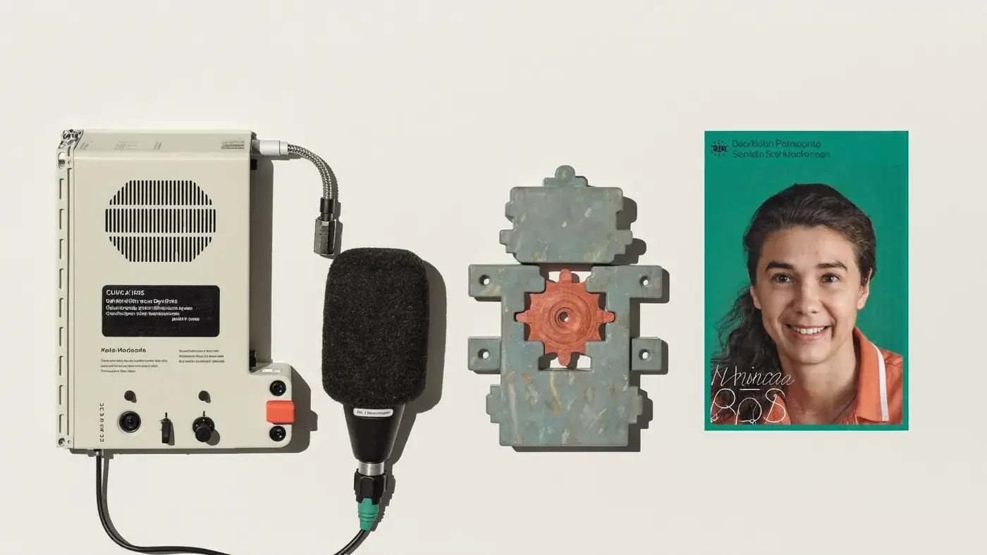 A retro radio, a microphone, a patterned tile and a portrait card arranged as a brand kit on ivory. Sample image created by Quiamo, a brand, marketing and media agency from India.