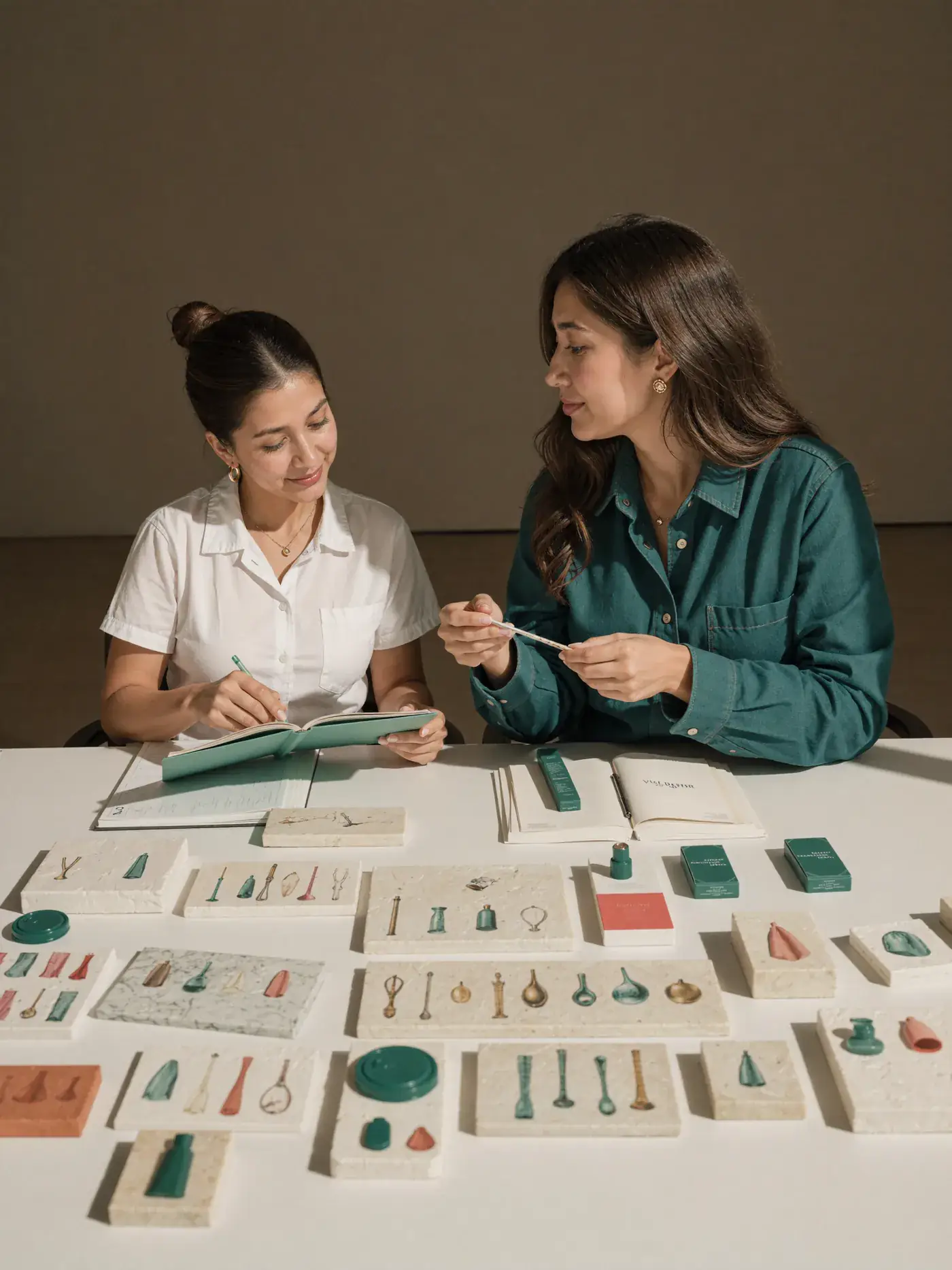 Two women review rows of product and material samples on a white table. Sample image created by Quiamo, a brand, marketing and media agency from India.