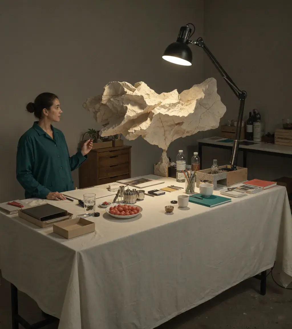 A designer works on a paper sculpture at a lamp-lit table in a quiet workshop. Sample image created by Quiamo, a brand, marketing and media agency from India.