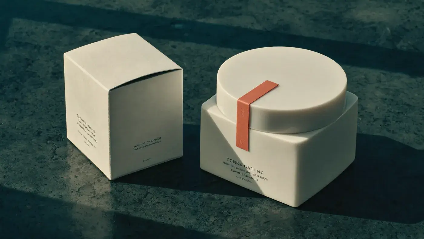 A cream skincare box and a round jar with a coral band standing on a deep teal surface. Sample image created by Quiamo, a brand, marketing and media agency from India.