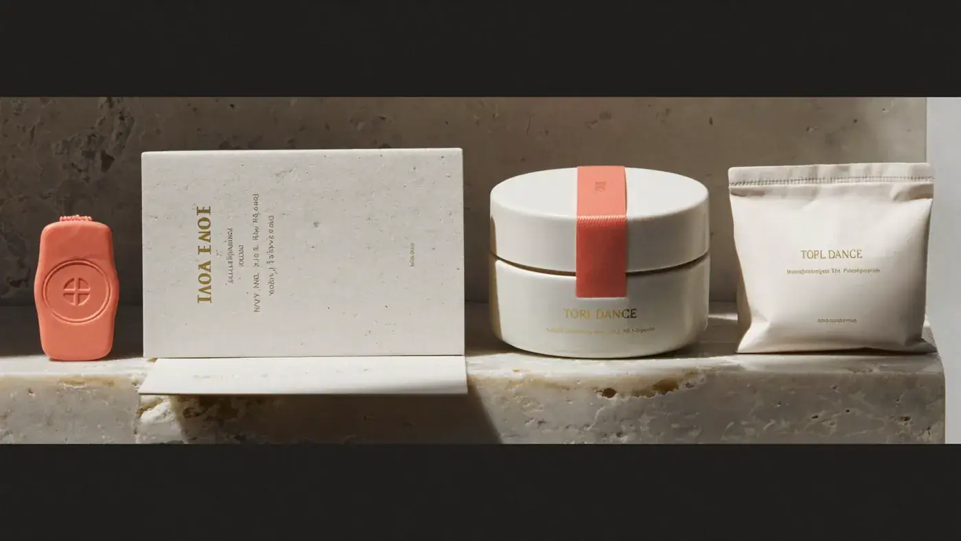 A skincare range of coral bottle, box, jar and pouch arranged on a travertine shelf against dark stone. Sample image created by Quiamo, a brand, marketing and media agency from India.