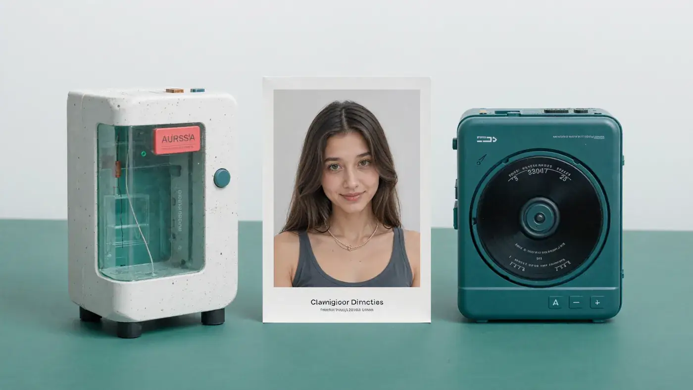 A consumer electronics line-up: a translucent speaker, a portrait card and a teal speaker on a teal shelf. Sample image created by Quiamo, a brand, marketing and media agency from India.