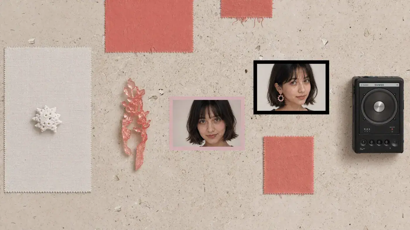 A moodboard on travertine with fabric swatches, coral, portraits and a black speaker. Sample image created by Quiamo, a brand, marketing and media agency from India.
