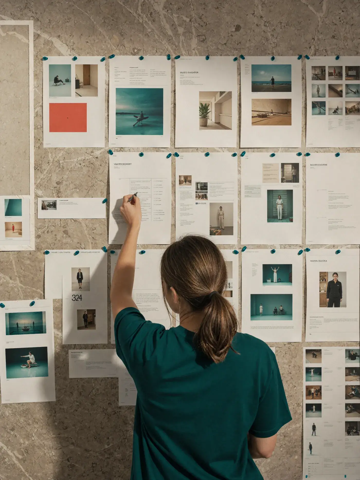 A strategist in teal pins photographs and notes to a moodboard wall on marble. Sample image created by Quiamo, a brand, marketing and media agency from India.