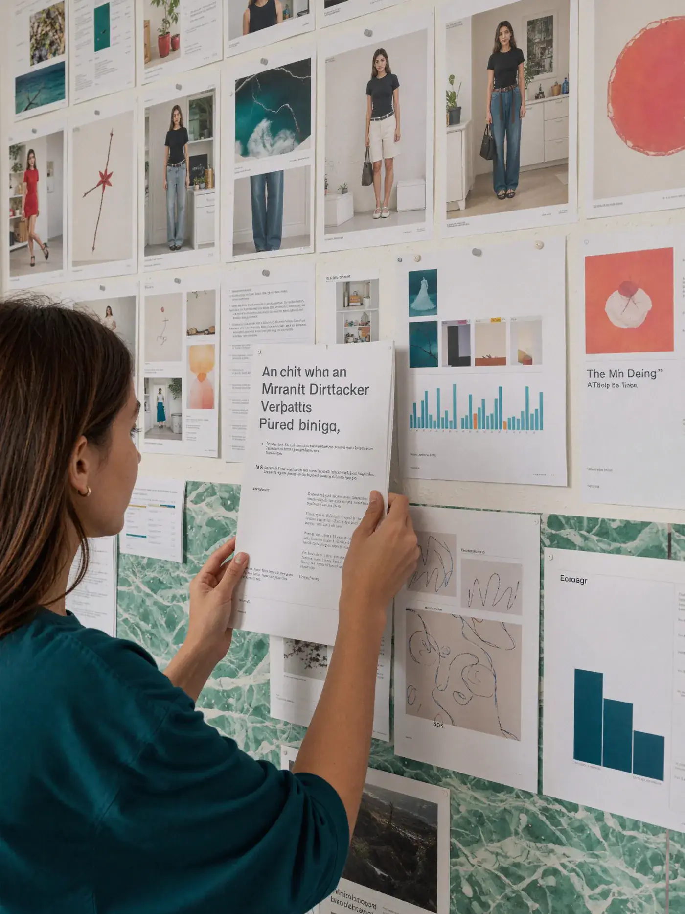 A strategist pins charts, photographs and notes to a wall over green marble. Sample image created by Quiamo, a brand, marketing and media agency from India.