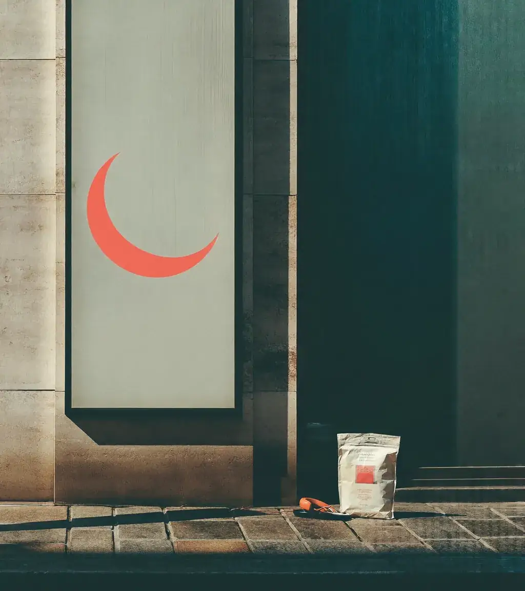 A teal wall with a coral crescent moon beside a stone column in afternoon light. Sample image created by Quiamo, a brand, marketing and media agency from India.