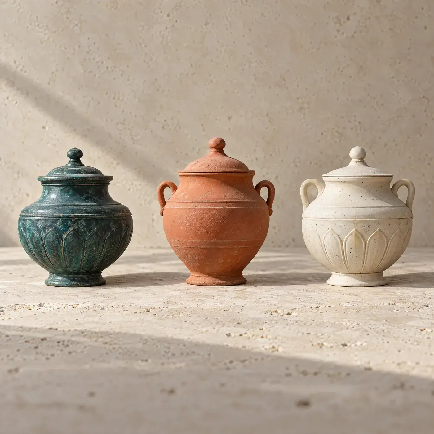 Three lidded ceramic jars in teal, terracotta and ivory on a travertine surface in raking light. Sample image created by Quiamo, a brand, marketing and media agency from India.