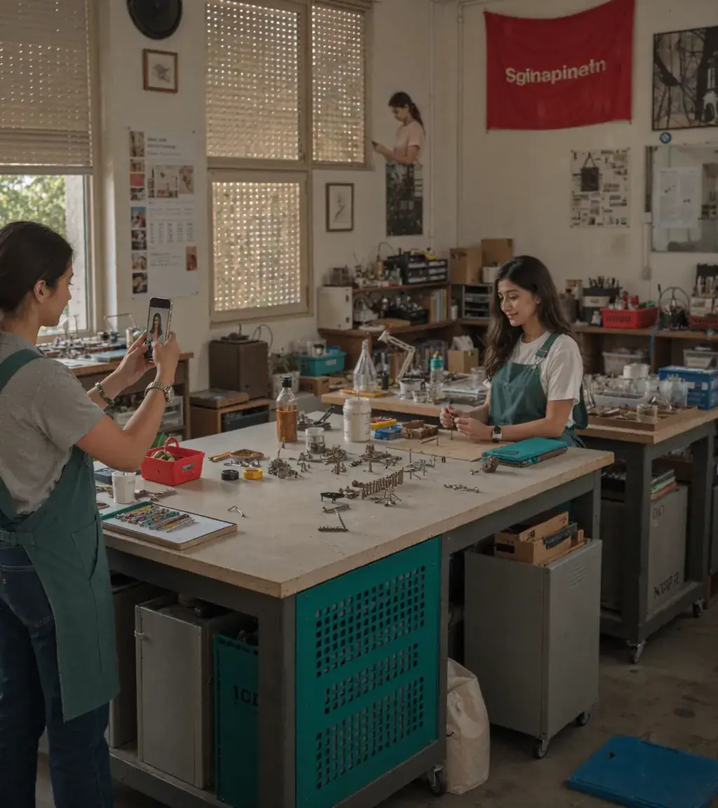 A busy maker's workshop with a woman working at a bench of tools and materials. Sample image created by Quiamo, a brand, marketing and media agency from India.