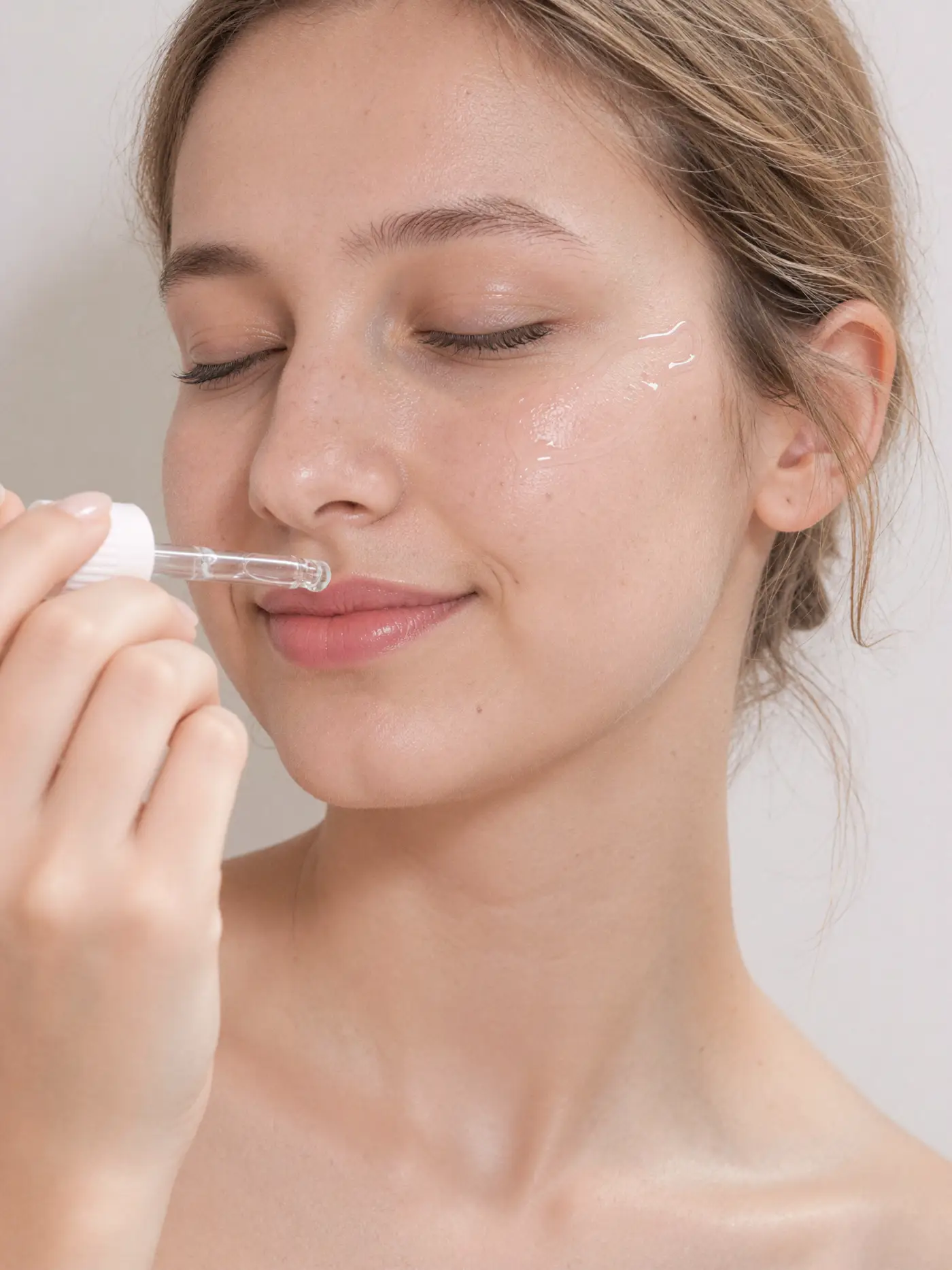 AI talent: a young woman with porcelain skin applying a drop of face serum with a dropper.