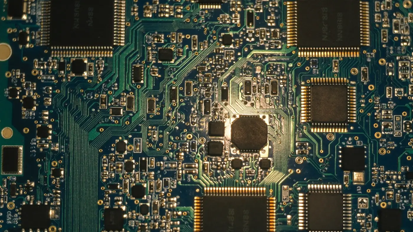 A macro photograph of a dense green circuit board with chips and copper traces.