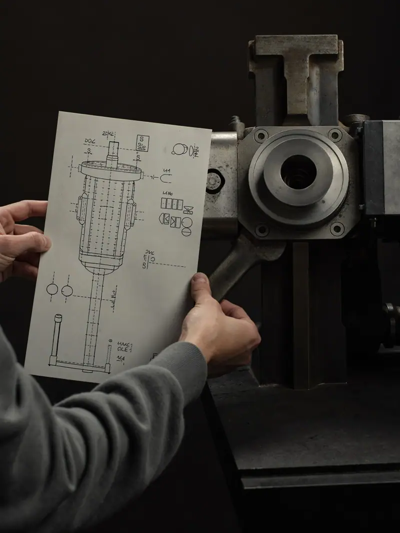 Ein Ingenieur hält eine technische Zeichnung neben einem präzise gefertigten Bauteil: technische Angebote, die verständlich erklärt werden sollen.