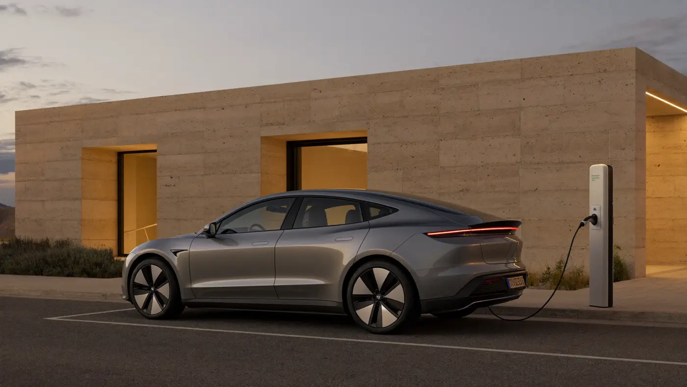 A silver electric car charging outside a limestone building at dusk.