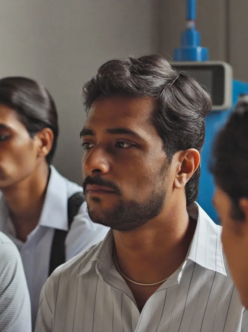 An employee listening during a small-group briefing on a factory floor, illustrating employer branding metrics.