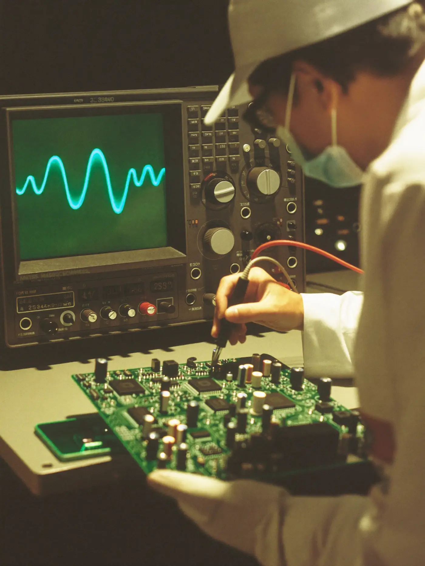 An engineer testing a circuit board at a lab bench with an oscilloscope.