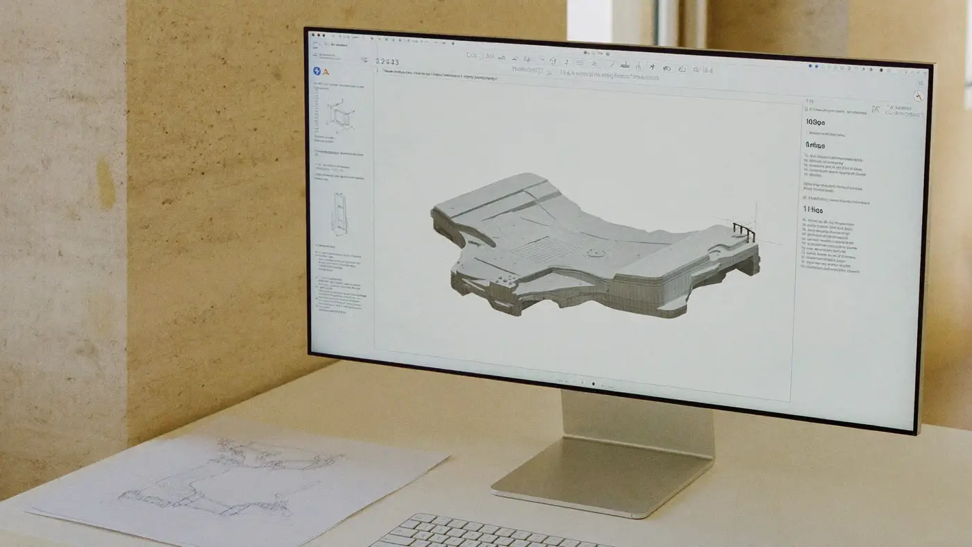 A 3D engineering model on a monitor beside pencil sketches, the kind of technical source material that electronics website content has to organise clearly.