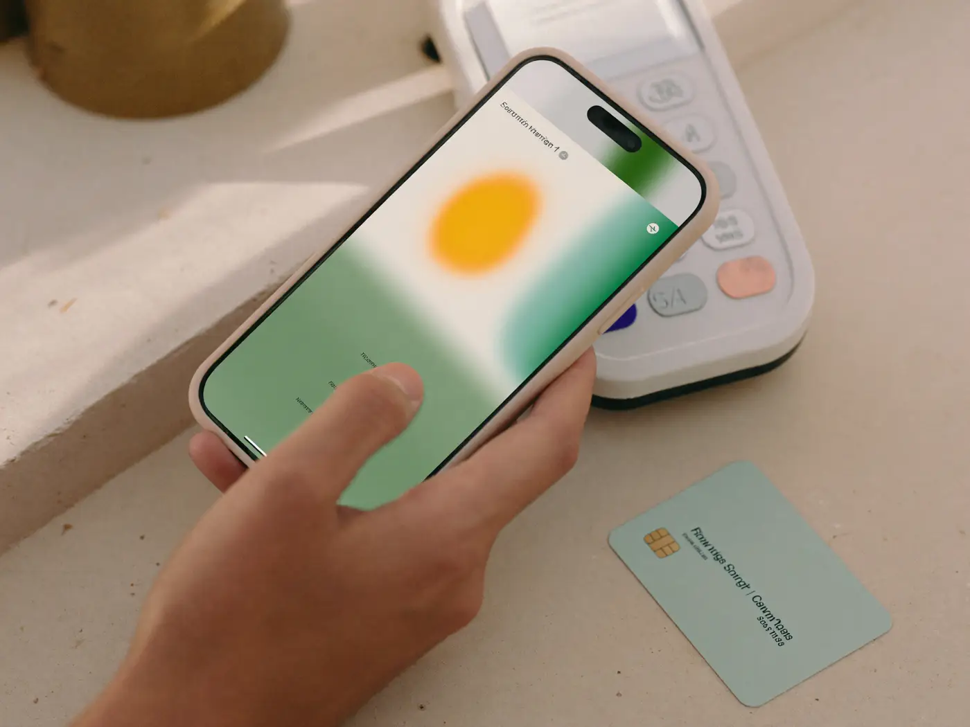 A hand holding a phone to a card terminal with a pale payment card on the counter.