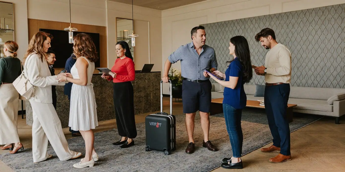 Guests arriving and talking with staff in a warmly lit hotel lobby, illustrating hotel marketing KPIs.