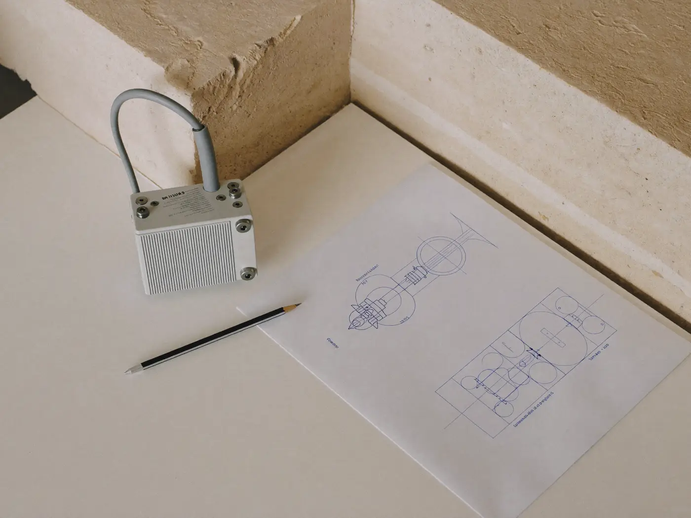 A machined metal sensor beside a pencil technical drawing on a limestone desk.
